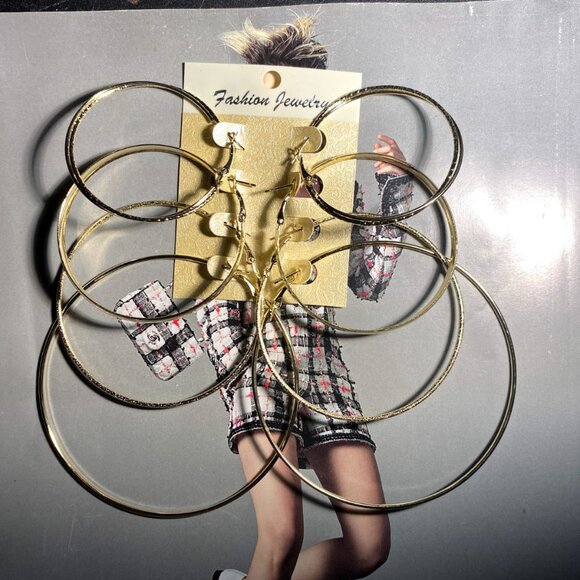 4 Pairs Set Of Hoop Earrings Iron 18K Gold Plated Jewelry Simple Classic Style - Picture 1 of 4